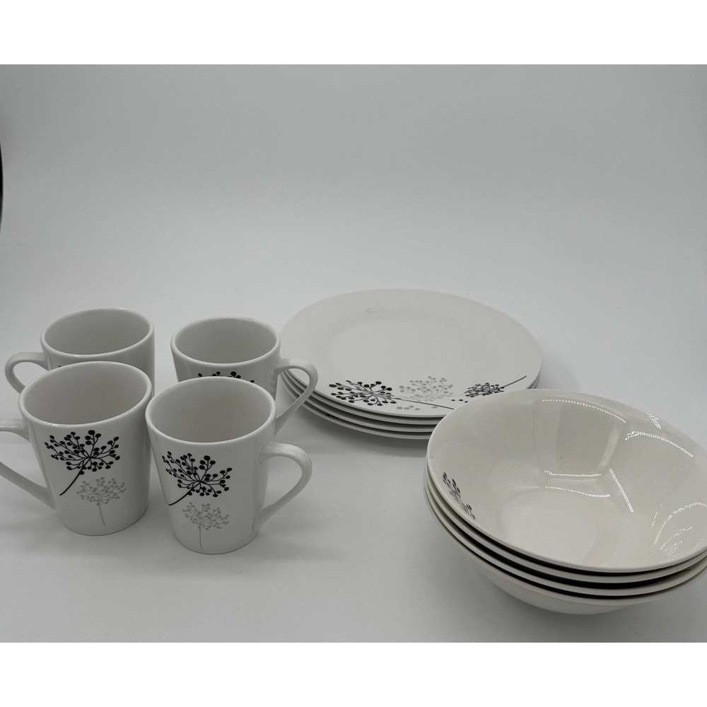 Gibson Netherwood 12 Pc Dinnerware‎ Lot 4 Plates 4 Bowls 4 Mugs Floral Black